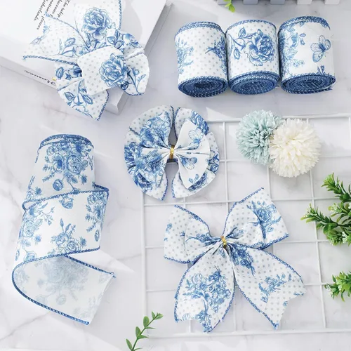 Miniatura 5 de AnyDesign Cinta blanca y azul con borde con alambre, diseño de mariposas y flores, 24 yardas, 2.5 pulgadas, cintas de tela de flores azules