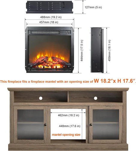 Miniatura 4 de Inserto de chimenea eléctrica de 18 pulgadas, calentador ultrafino con juego de troncos y llama realista, protección contra sobrecalentamiento