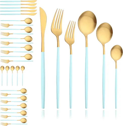 Miniatura 7 de JASHII Juego de cubiertos mate de 36 piezas con mango plano acabado satinado negro acero inoxidable cubiertos servicio para 6 para cocina casera