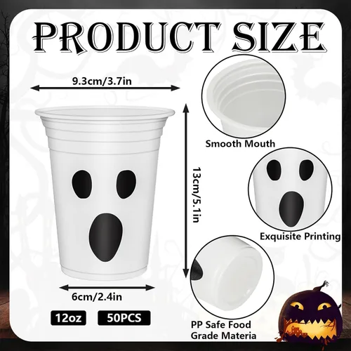Miniatura 2 de 50 vasos de plástico de Halloween de 12 onzas con diseño de fantasma blanco y negro, tazas desechables espeluznantes para fiestas de Halloween