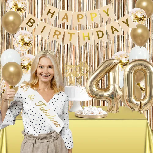 Miniatura 9 de Trgowaul Decoraciones de cumpleaños número 40 para mujer, pancarta, banda y corona, decoración de pastel, globo de número 40, cortinas de flecos