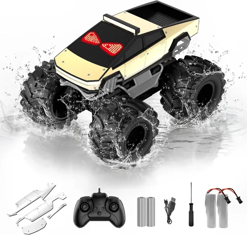 Miniatura 11 de Coche de control remoto para niños, juguetes de camiones monstruo 1:18, autos RC anfibios, camiones RC impermeables de 2.4 GHz, camioneta Oro
