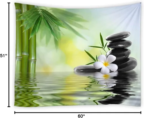 Miniatura 4 de Yadshoti Tapiz de paisaje de jardín, con temática de spa, hojas de plantas verdes, piedra negra, flores blancas, paisaje de primavera, sala