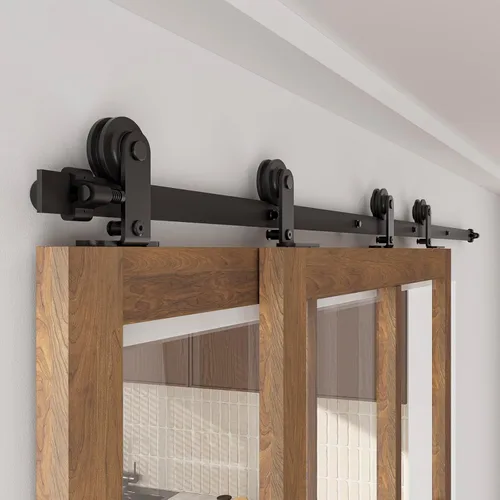 Miniatura 8 de CCJH Kit de herrajes para puerta corrediza de granero de 4 pies para 2 puertas, sistema de riel de un solo riel deslizante suavemente silencioso