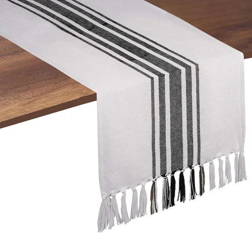 Miniatura 16 de Native Fab Camino de mesa verde azulado de 72 pulgadas de largo – Fundas de mesa bohemias a rayas con flecos – 100% algodón, tejido apretado, mantel