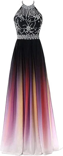 Miniatura 8 de Kivary Vestidos de noche largos de gasa degradado con cuentas transparentes halter, Ombre