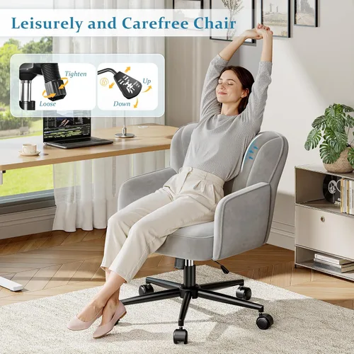 Miniatura 8 de DurayLoly Silla de tocador con ruedas y respaldo, silla de tocador de altura ajustable, sillas de escritorio cómodas para maquillaje, trabajo y Gris