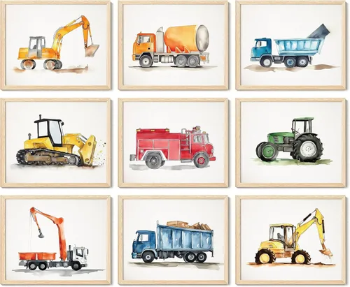 97 Decor Pósteres enmarcados de arte de pared para niños, decoración de habitación de construcción para dormitorio de niños, carteles de camiones