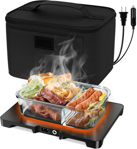 Lonchera eléctrica con calentador de alimentos - 12V/24V/110V Horno portátil 3-en-1, calentador de alimentos para automóvil, mini microondas Negro