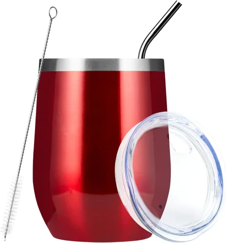 Miniatura 27 de MEWAY Vaso de vino sin tallo de 12 onzas con tapa, vaso de viaje de acero inoxidable con aislamiento de doble pared al vacío con popote, para Negro