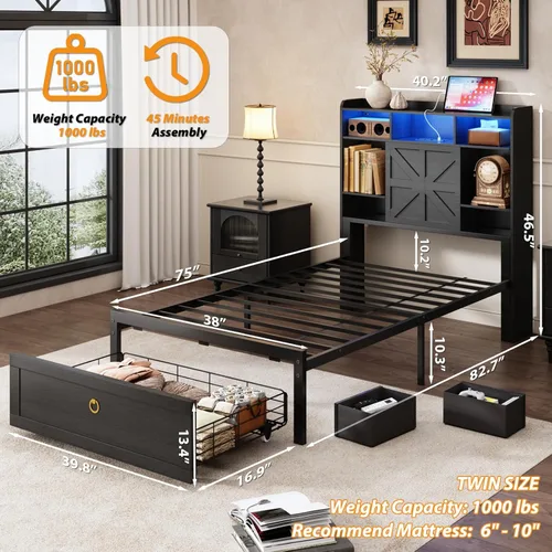 Miniatura 2 de TIGUBFRE Base de cama individual con cabecera de almacenamiento, marco de cama de madera de granja tamaño individual con 3 cajones, luz LED