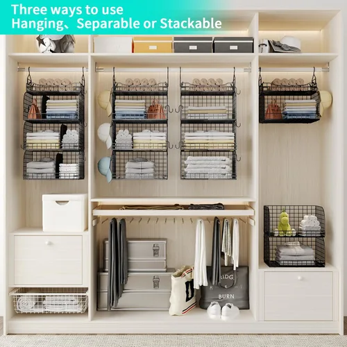 Miniatura 2 de HapiRm Organizador de armario colgante – 4 estantes apilables de metal con divisores y ganchos en S, estantes plegables para ropa, pantalones, Negro