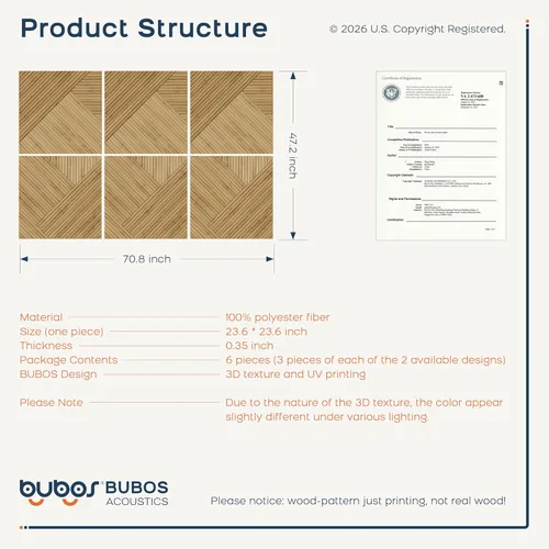 Miniatura 3 de BUBOS Paneles Acústicos Grandes, Paquete de 6 Paneles de Pared Insonorizados con Estampado de Patrón de Madera, Tamaño Total 70.8 x 47.2 Pulgadas