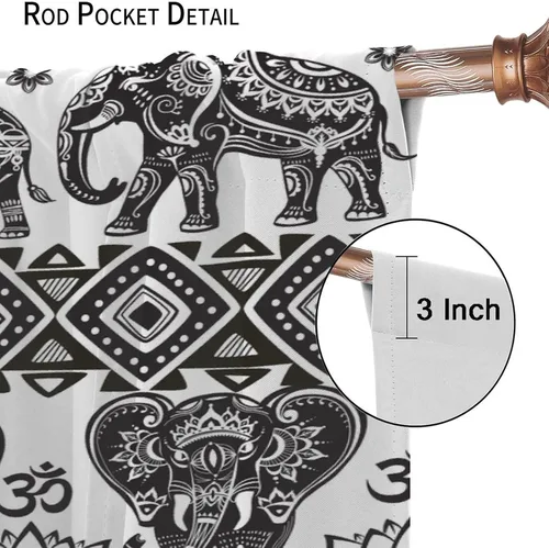 Miniatura 6 de Cortinas opacas de elefante, estilo étnico indio, bohemio, flores de loto de elefante blanco y negro, divertidas cortinas con patrón de animales