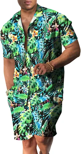 Miniatura 49 de RPOVIG Conjunto de playa a juego con camisas y pantalones cortos para hombre, ropa floral hawaiana para festival, conjuntos de 2 piezas con sombrero