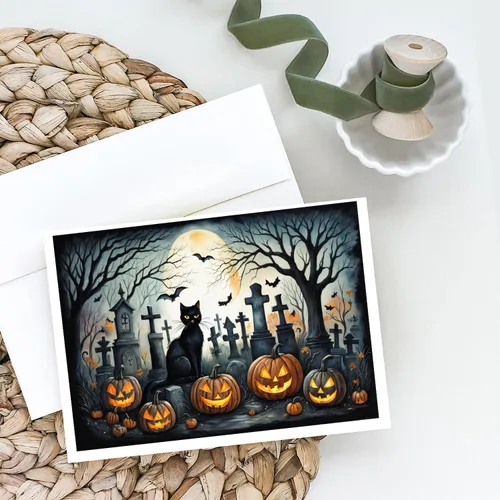 Miniatura 2 de Caroline's Treasures DAC2223GCA7P - Tarjetas de felicitación y sobres de Halloween espeluznantes de gato negro, paquete de 8 tarjetas en blanco