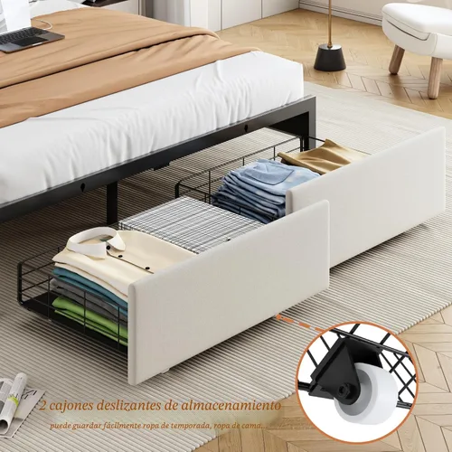 Miniatura 4 de Base de cama tamaño queen con cabecera de almacenamiento y 2 cajones, base de cama tapizada con botones capitoné, luces LED y estación de carga,