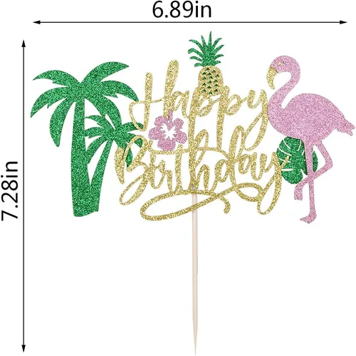 Miniatura 2 de PALASASA Decoración para tartas de cumpleaños con flamenco con purpurina, temática hawaiana de piña tropical Luau para niños y niñas, suministros