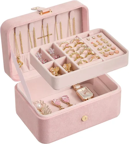 Miniatura 50 de SONGMICS Caja organizadora de joyas, estuche de viaje de 2 capas para aretes, collares, pulseras, almacenamiento portátil de joyas con gran Verde