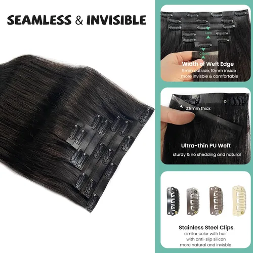 Miniatura 3 de Extensiones de cabello con clip sin costuras de cabello humano real, extensiones de cabello natural negro real con clip 7 piezas 100 g 36 cm