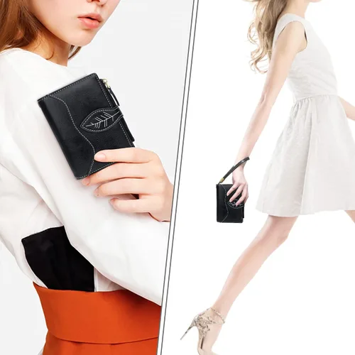 Miniatura 2 de CONISY Cartera pequeña para mujer, billetera compacta de cuero plegable con pulsera RFID bloqueo para mujer (negro)