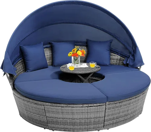 HAPPYGRILL Sofá cama al aire libre con toldo, sofá modular de mimbre de ratán con mesa auxiliar, cojines, juego de conversación de patio para Gris y