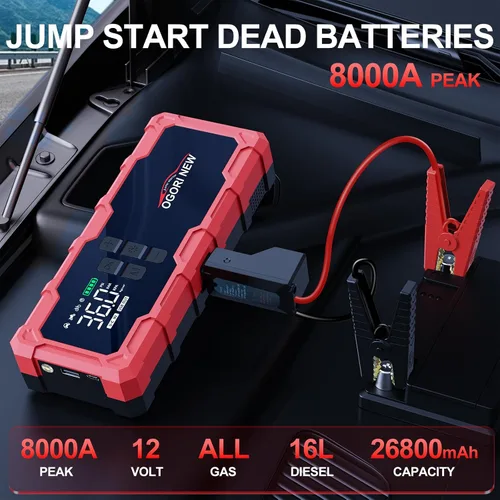 Miniatura 2 de Arrancador de 8000A con compresor de aire, 26800mAh 150PSI arrancador portátil de batería de automóvil (toda gasolina/16L diésel), 12V Supersafe