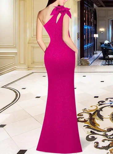 Miniatura 2 de VFSHOW Vestido largo formal de fiesta con un hombro descubierto para mujer, diseño de flores 3D, vestido de noche con abertura dividida
