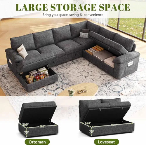 Miniatura 6 de Sofá cama modular de 108 pulgadas con cama extraíble, sofá modular en forma de U de 7 asientos con almacenamiento, sofás seccionales para sala