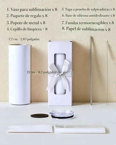 Miniatura 2 de Paquete de 8 Vasos Térmicos de Sublimación de 20 onzas en Blanco Delgados y Rectos al Por Mayor, Vaso Térmico de Sublimación Aislado de Acero
