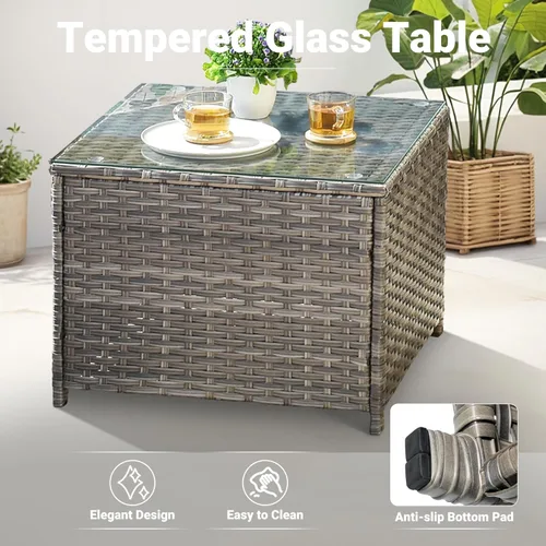 Miniatura 6 de ovios Mesa auxiliar de patio al aire libre con parte superior de vidrio templado, mesas auxiliares de mimbre para jardín, porche, patio, terraza