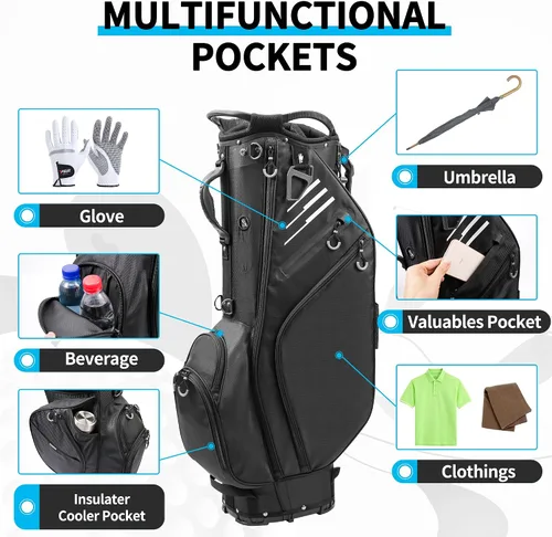 Miniatura 4 de Bolsa de golf con divisores de longitud completa de 14 vías con soporte, bolsa de golf ligera e impermeable, 8 bolsillos, bolsa enfriadora, bolsa