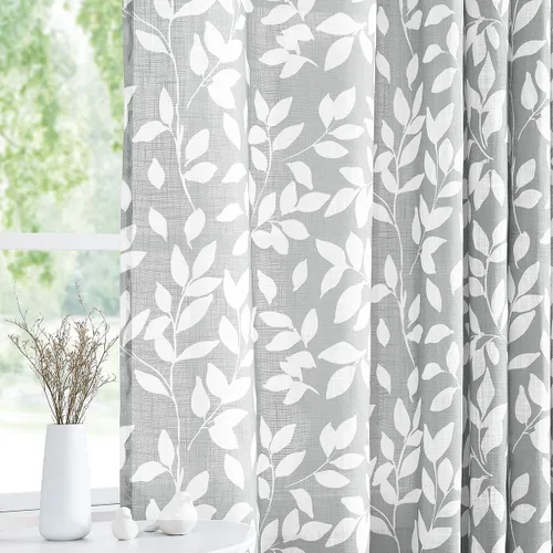 Treatmentex Cortinas blancas y grises para dormitorio de 84 pulgadas de largo, cortinas semitransparentes con estampado de hojas para ventanas de