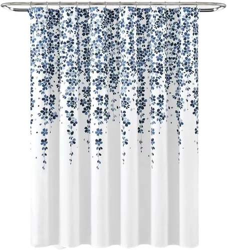 Lush Decor Cortina de ducha con flores lloronas, 72 pulgadas de ancho x 72 pulgadas de largo, color blanco y azul marino, cortinas de ducha de tela