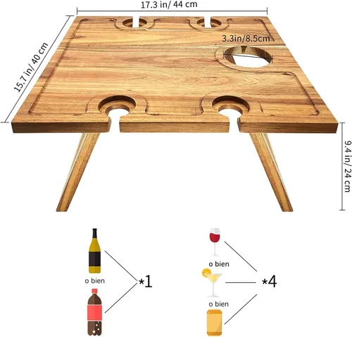 Miniatura 3 de SASIDO Mesa portátil de picnic de vino, madera de acacia, bandeja más grande plegable, tablero de charcutería, regalo de vino, decoración