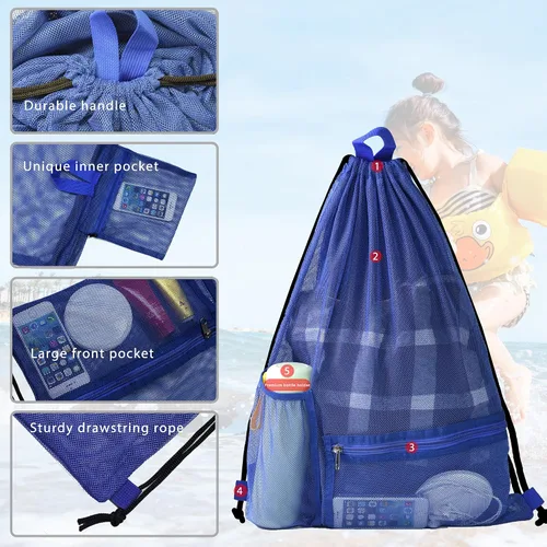 Miniatura 4 de Bolsa de malla con cordón resistente, mochila de gimnasio con soporte para botellas para bolas, natación, juguetes de playa, Azul, Deportes