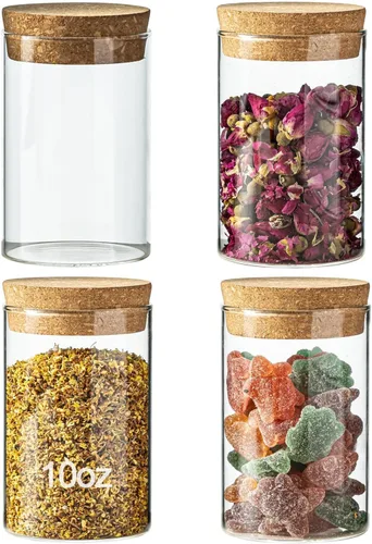 Miniatura 9 de Recipiente de almacenamiento de vidrio de 10 onzas – Tarros de vidrio herméticos con tapa de corcho, tarros de especias, tarro de caramelo, tarros