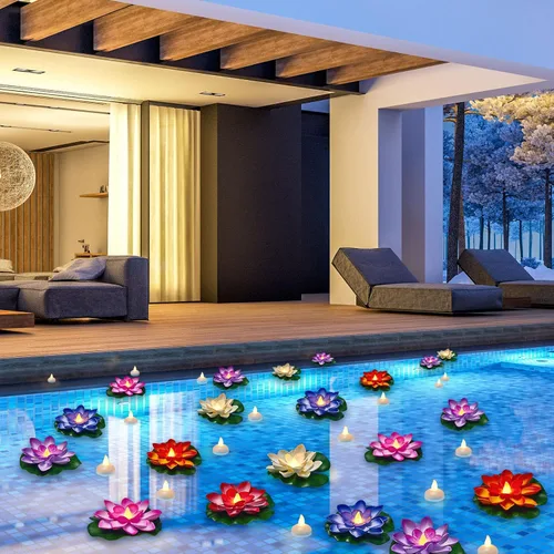 Miniatura 7 de Amylove Juego de 26 piezas de hojas de flor de loto flotantes con luces LED de té, 3.94 pulgadas, lirio de agua, luces LED flotantes impermeables