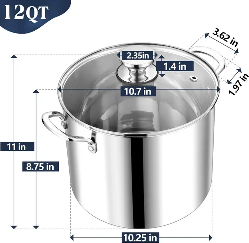 Miniatura 2 de P&P CHEF Olla de acero inoxidable de 8 cuartos con tapa, olla grande para cocinar sopa de pasta, utensilios de cocina para estufas eléctricas de gas