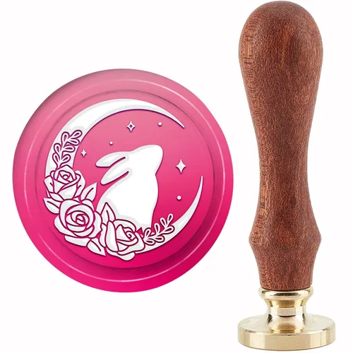 CRASPIRE Sello de cera de conejo, sello de conejo, luna, rosa, sello de cobre, 1.181 in, cabeza de latón extraíble retro con mango de madera para