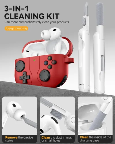 Miniatura 6 de Funda de Juego para AirPods Pro 3 (2025), Funda Protectora de Silicona Anti-Choque Divertida y Clásica para AirPods Pro 3 con Kit Limpiador y A5-rojo