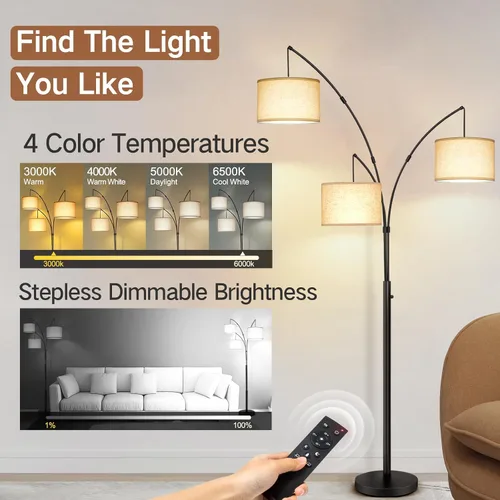 Miniatura 3 de OUTON Lámpara de pie LED de arco con control remoto, lámpara de pie alta arqueada regulable moderna de 3 luces en negro, lámparas de pie ajustables
