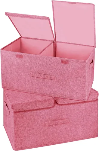 Miniatura 10 de Paquete de 2 Cajas de Almacenamiento Grandes con Tapas y Asas, Contenedores Organizadores Cestas Cubos de Almacenamiento de Lino Plegables con Crema