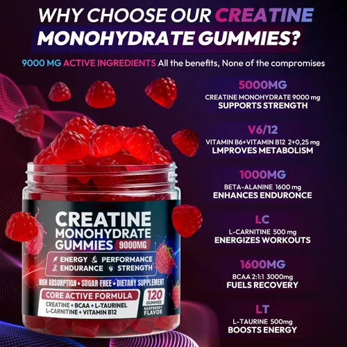 Miniatura 3 de AEQNJV Gomitas de creatina monohidrato complejo 9000 mg, pre-entrenamiento para hombres y mujeres, gomita de creatina con L-taurina, BCAA 2:1, B12/6