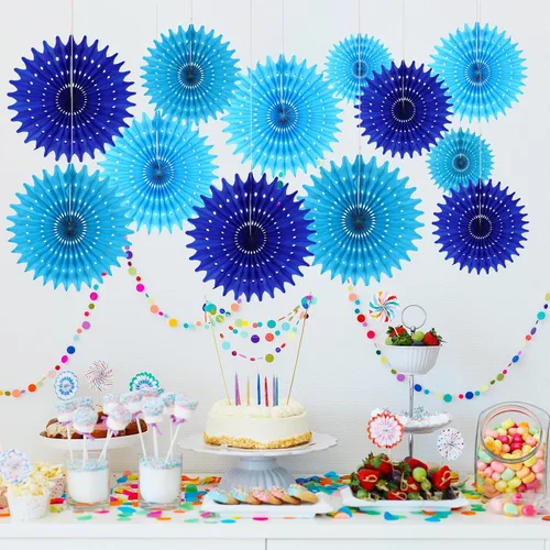 Miniatura 2 de 12 Piezas Abanicos de Papel Azul Decoraciones de Fiesta Decoraciones de Flores de Papel de Seda para Niña Cumpleaños Groovy Baby Shower Boda