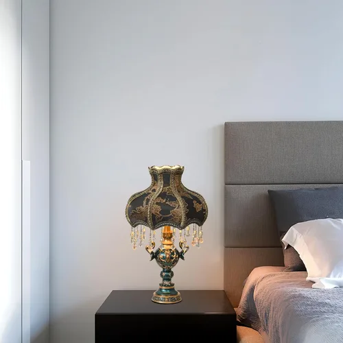 Miniatura 7 de Lámpara de mesa de estilo victoriano, lámpara de mesa decorativa de flores antiguas, luz de noche de tela azul, elegante lámpara de mesita de noche