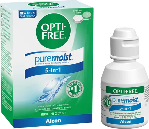 Opti-Free Puremoist Solución multiusos de limpieza y desinfección de lentes de contacto con estuche para lentes, 2 onzas líquidas (paquete de 1)