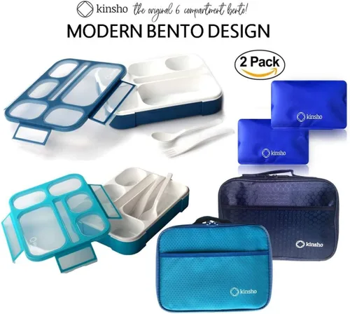 Miniatura 2 de Bento-Box - Juego de lonchera aislada y paquete de hielo. Loncheras, contenedores de bocadillos para niños, niñas y adultos. 6 compartimentos, cajas