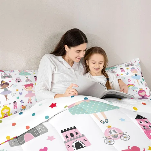 Miniatura 4 de Juego de Edredón de Princesa de Ballet para Niñas Tamaño Individual, Juego de Ropa de Cama de Castillo Arcoíris Kawaii Flores Lindas Mariquita Multi