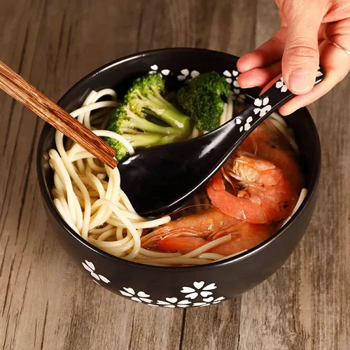 Miniatura 4 de WHJY Cuenco de cerámica negro con tapa, cuchara, palillos para sopa, arroz, fideos. Vajilla de estilo tradicional japonés.